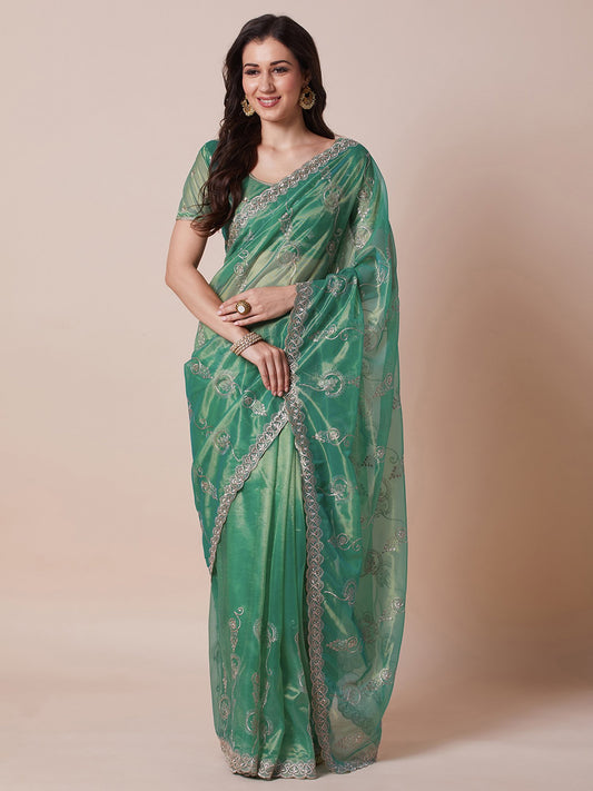 Green Teal Party Wear Net Embroidered Saree