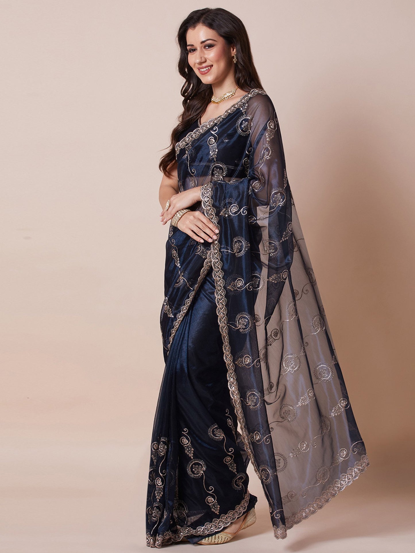 Navy Party Wear Net Embroidered Saree