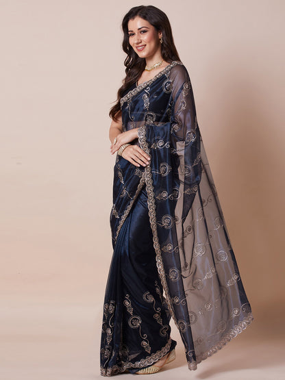 Navy Party Wear Net Embroidered Saree