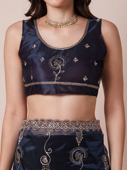 Navy Party Wear Net Embroidered Saree