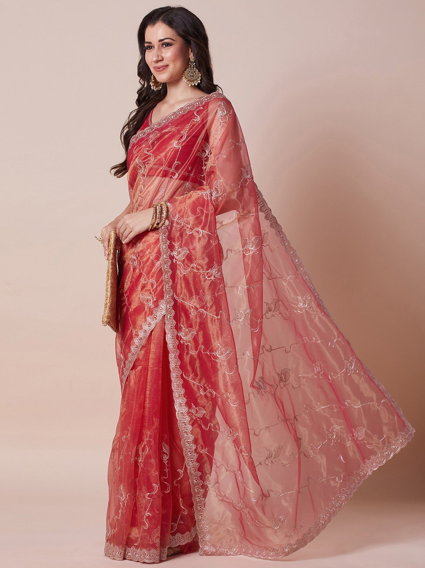 Orange Party Wear Net Embroidered Saree