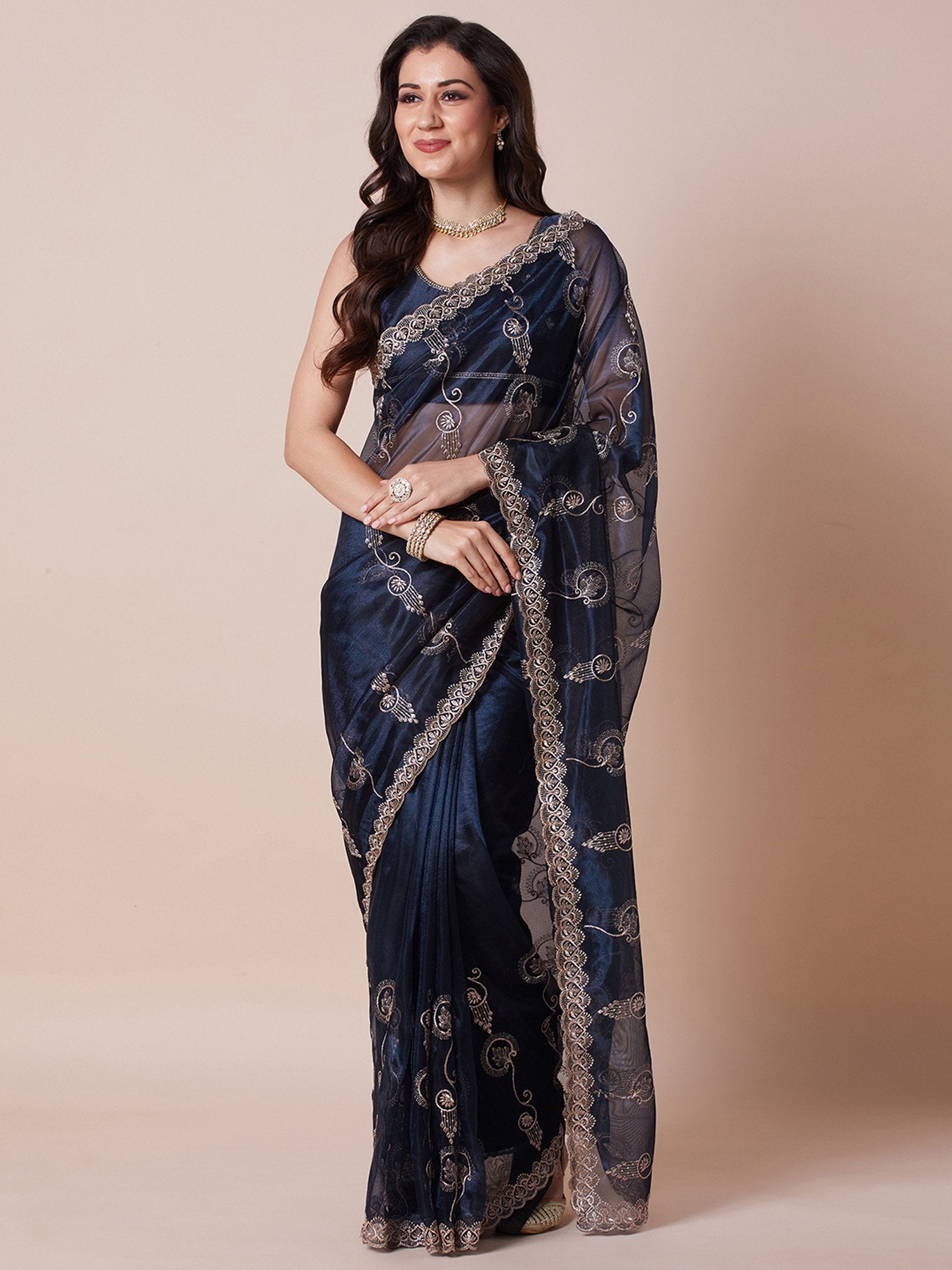 Blue Navy Party Wear Net Embroidered Saree