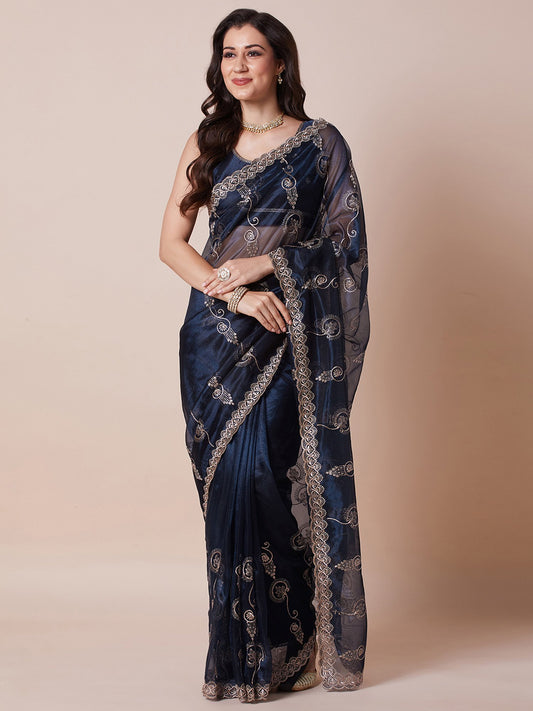 Blue Navy Party Wear Net Embroidered Saree