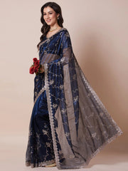 Navy Party Wear Net Embroidered Saree