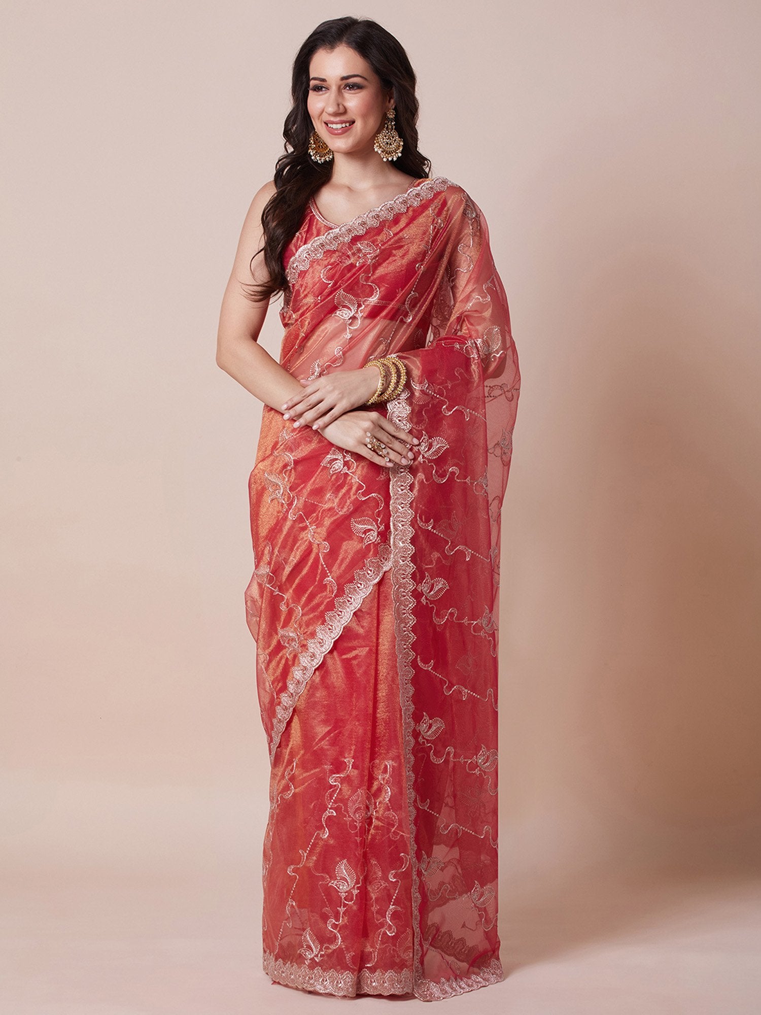 Orange Orange Party Wear Net Embroidered Saree