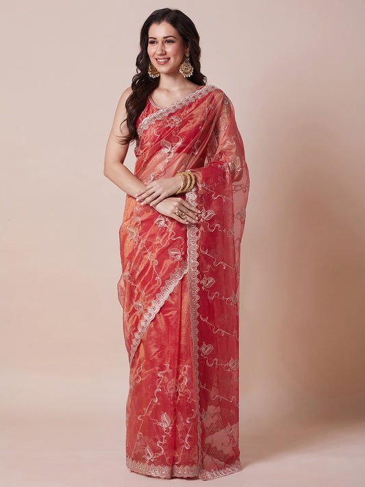 Orange Orange Party Wear Net Embroidered Saree