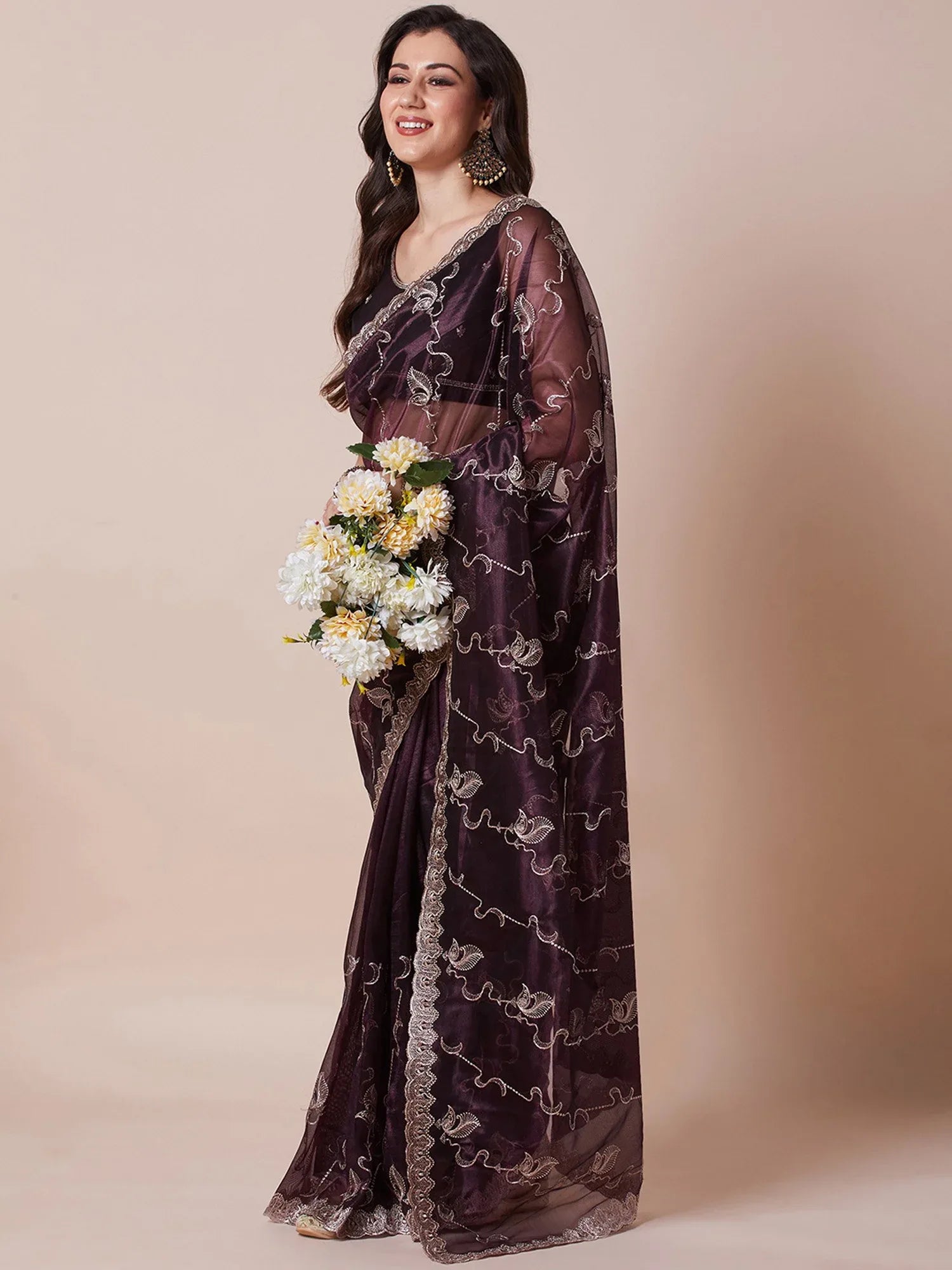 Purple Party Wear Net Embroidered Saree