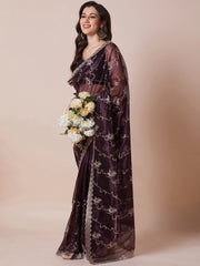Purple Party Wear Net Embroidered Saree