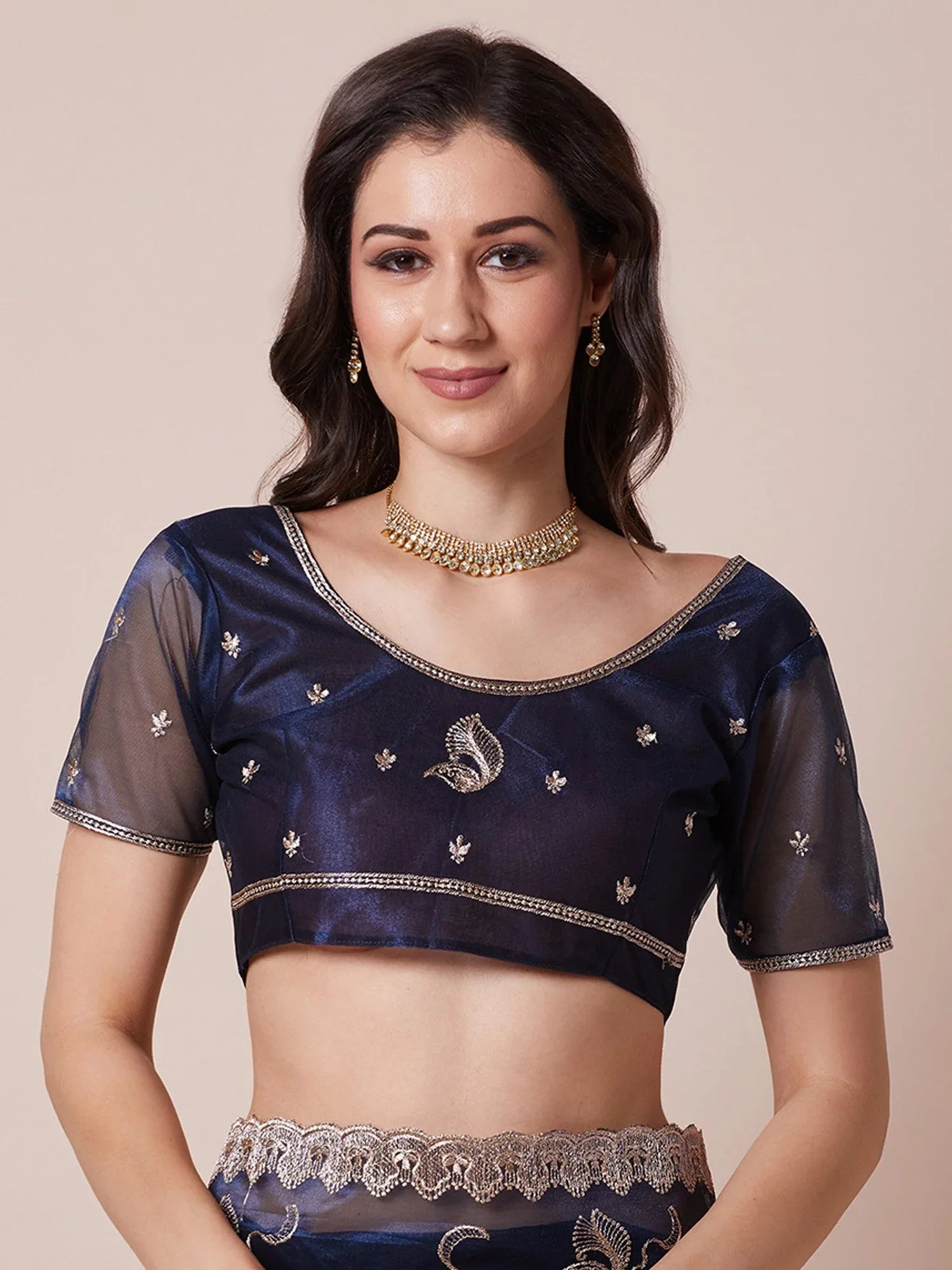 Navy Party Wear Net Embroidered Saree