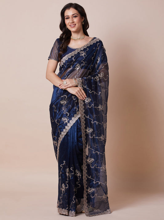 Blue Navy Party Wear Net Embroidered Saree