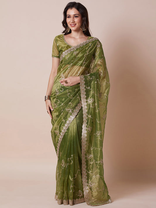Green Light Party Wear Net Embroidered Saree