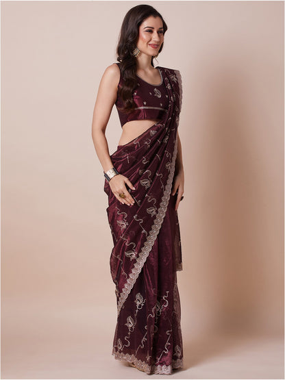 Burgundy Party Wear Net Embroidered Saree