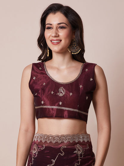 Burgundy Party Wear Net Embroidered Saree