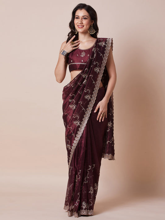 Purple Burgundy Party Wear Net Embroidered Saree