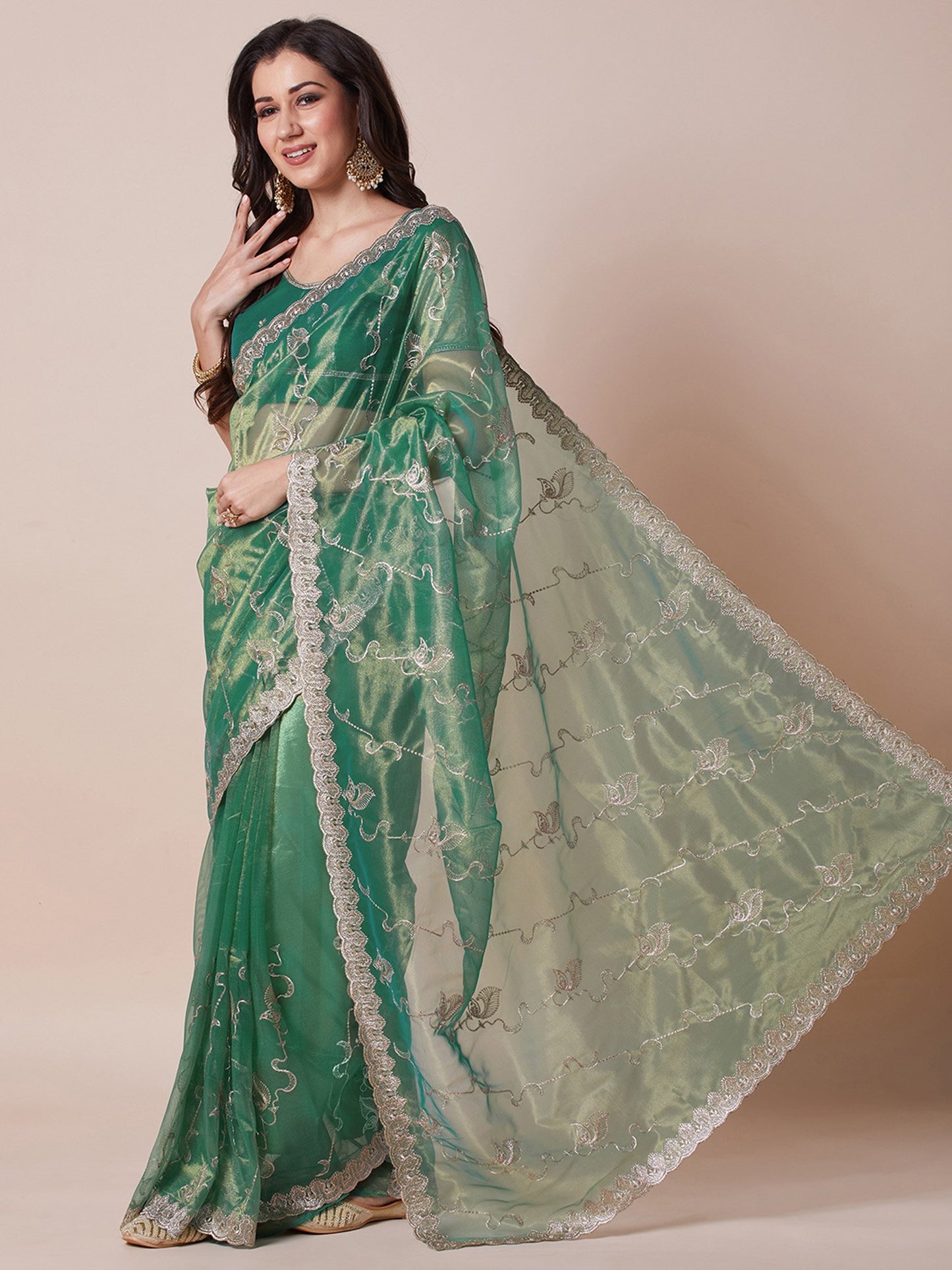 Teal Party Wear Net Embroidered Saree