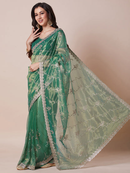 Teal Party Wear Net Embroidered Saree