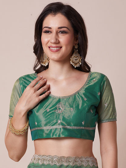 Teal Party Wear Net Embroidered Saree
