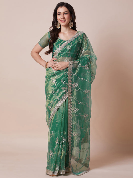 Green Teal Party Wear Net Embroidered Saree