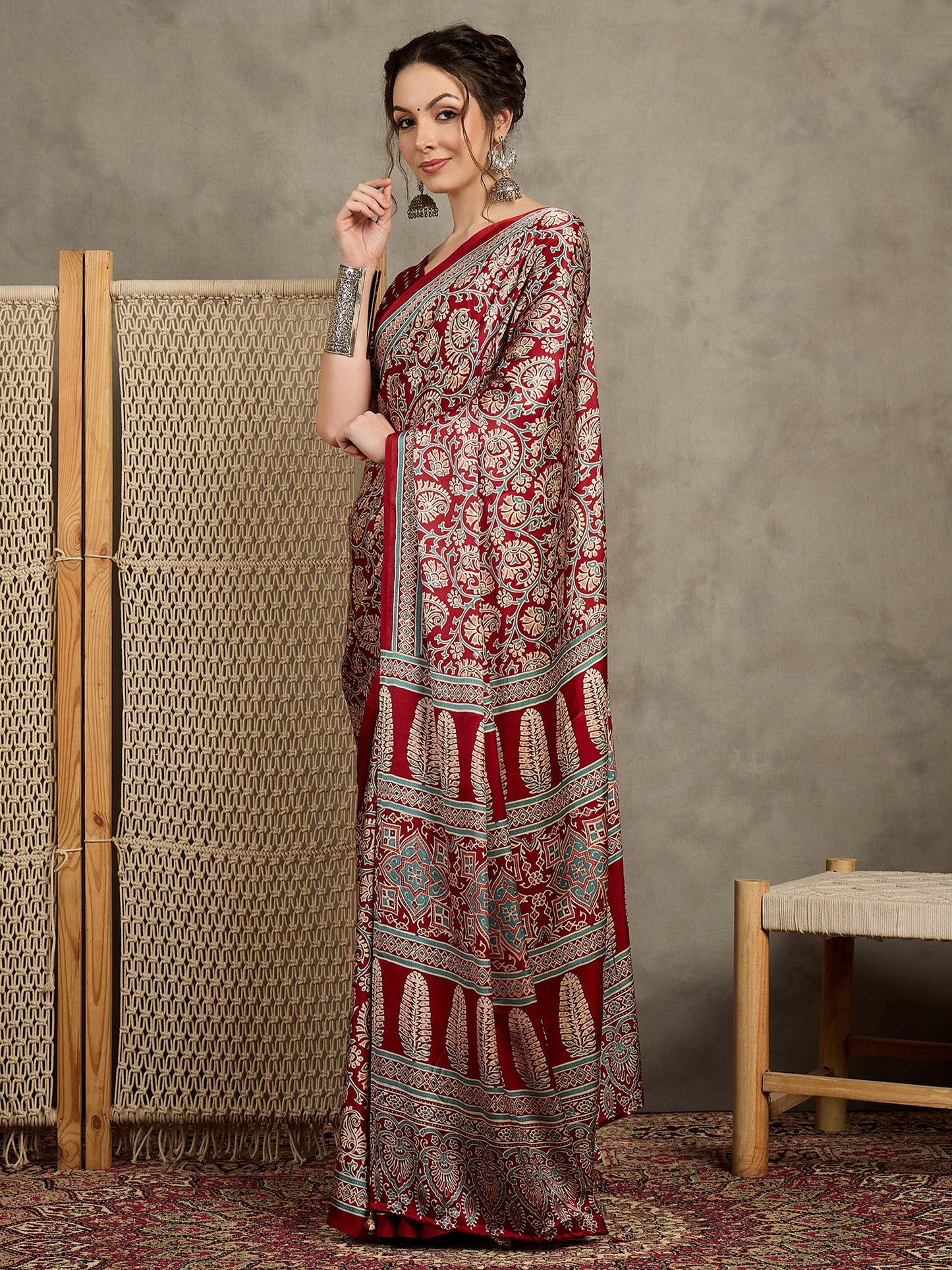Red Block Print Pure Crepe Printed Saree