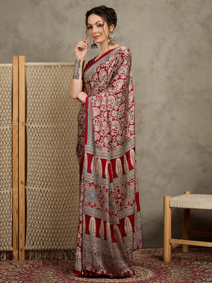 Red Block Print Pure Crepe Printed Saree