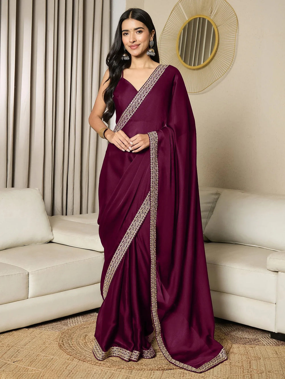 Magenta Party Wear Satin Embellished Ready To Wear Saree - The Dori Store