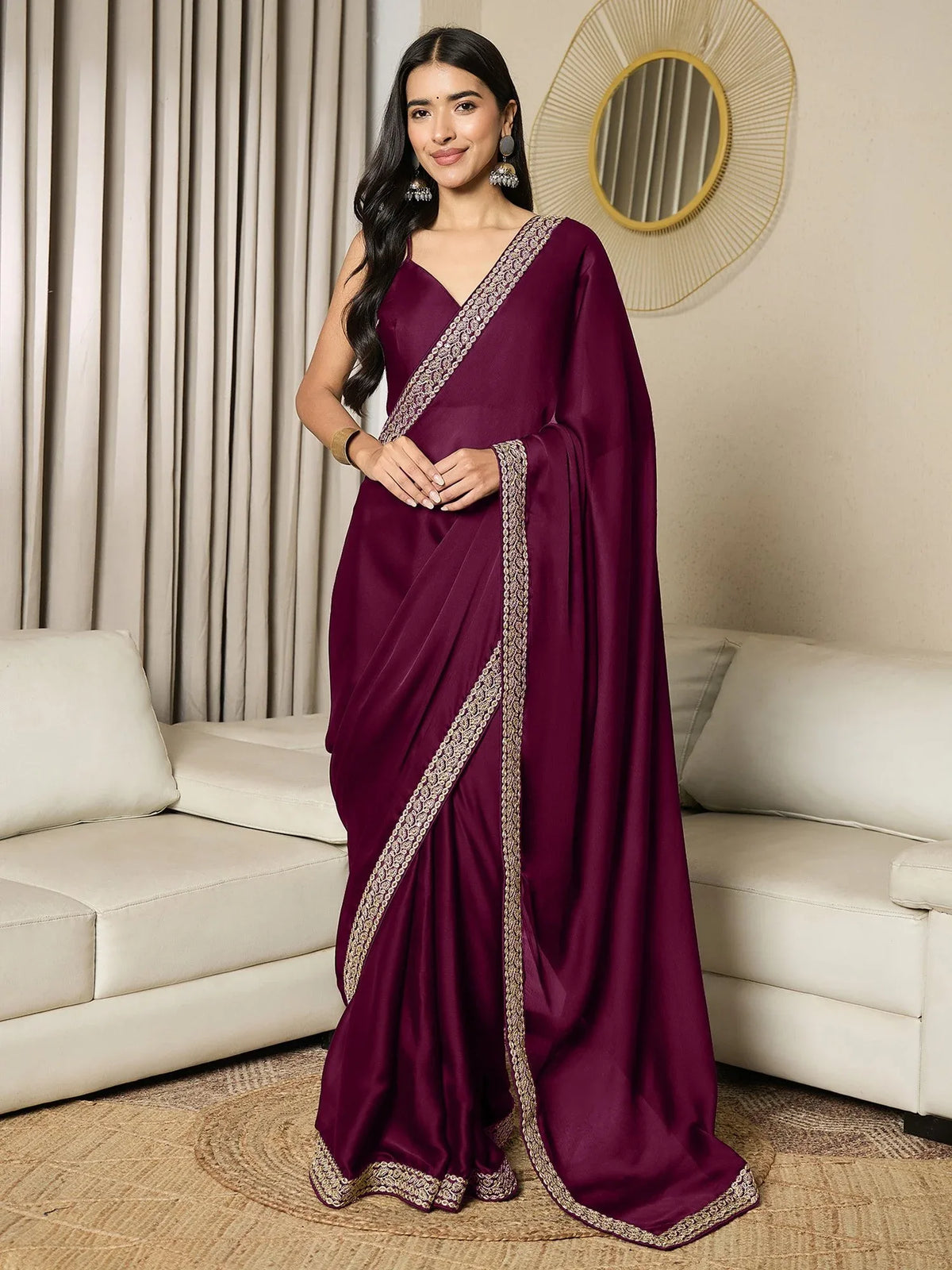 Magenta Party Wear Satin Embellished Ready To Wear Saree - The Dori Store