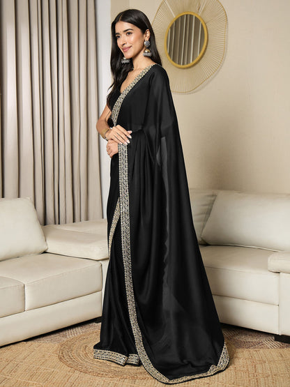 Black Party Wear Satin Embellished Ready To Wear Saree