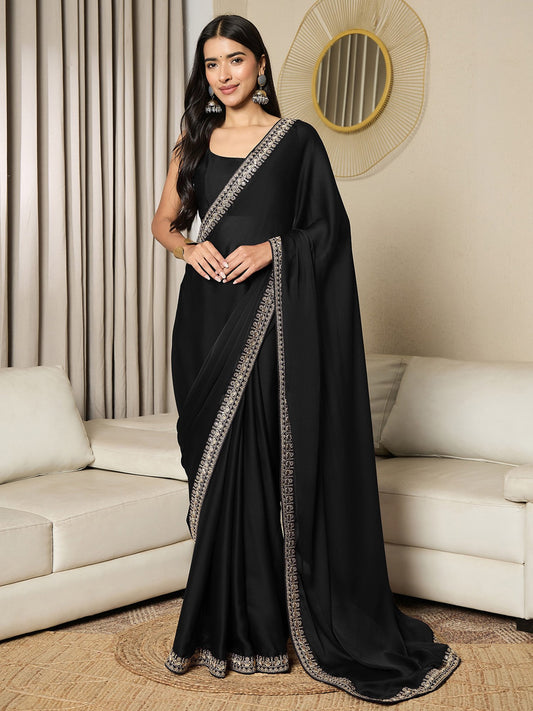 Black Black Party Wear Satin Embellished Saree