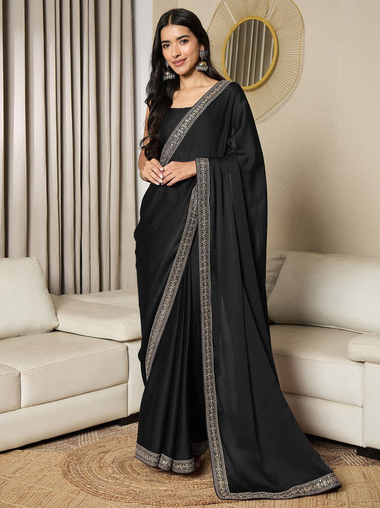 Black Black Party Wear Satin Embellished Saree