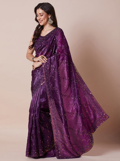 Purple Party Wear Paper Silk Embellished Saree