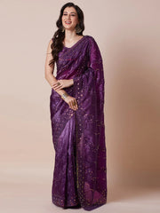 Purple Purple Party Wear Paper Silk Embellished Saree