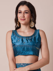 Teal Blue Party Wear Paper Silk Embellished Saree