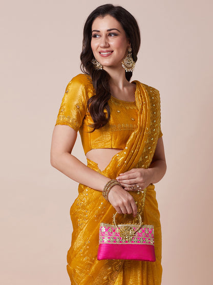 Yellow Party Wear Paper Silk Embellished Saree