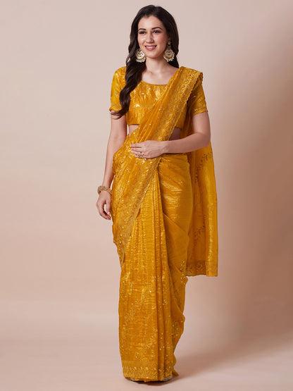 Yellow Yellow Party Wear Paper Silk Embellished Saree
