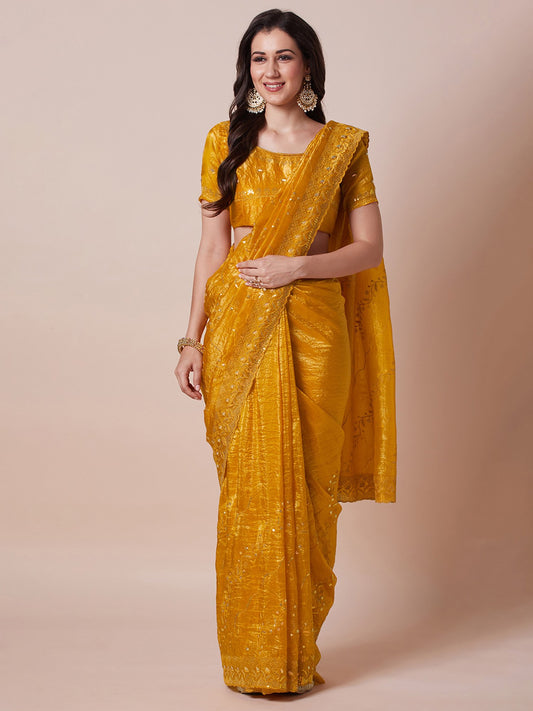Yellow Yellow Party Wear Paper Silk Embellished Saree