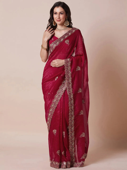 Pink Pink Party Wear Satin Silk Embellished Saree