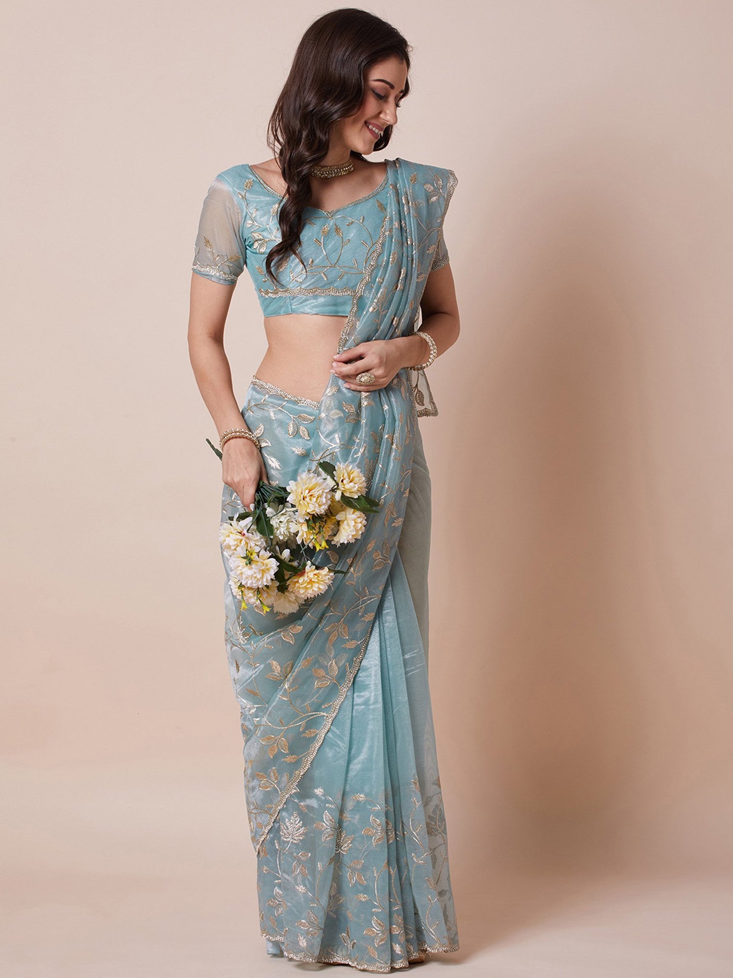 Light Party Wear Net Embellished Saree