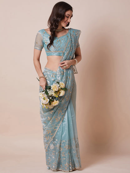 Light Party Wear Net Embellished Saree