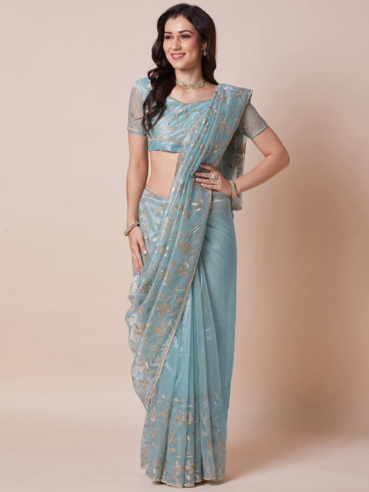 Blue Light Party Wear Net Embellished Saree