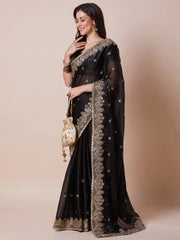 Black Party Wear Organza Embroidered Saree
