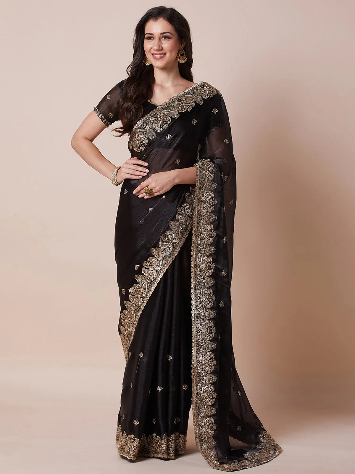 Black Black Party Wear Organza Embroidered Saree