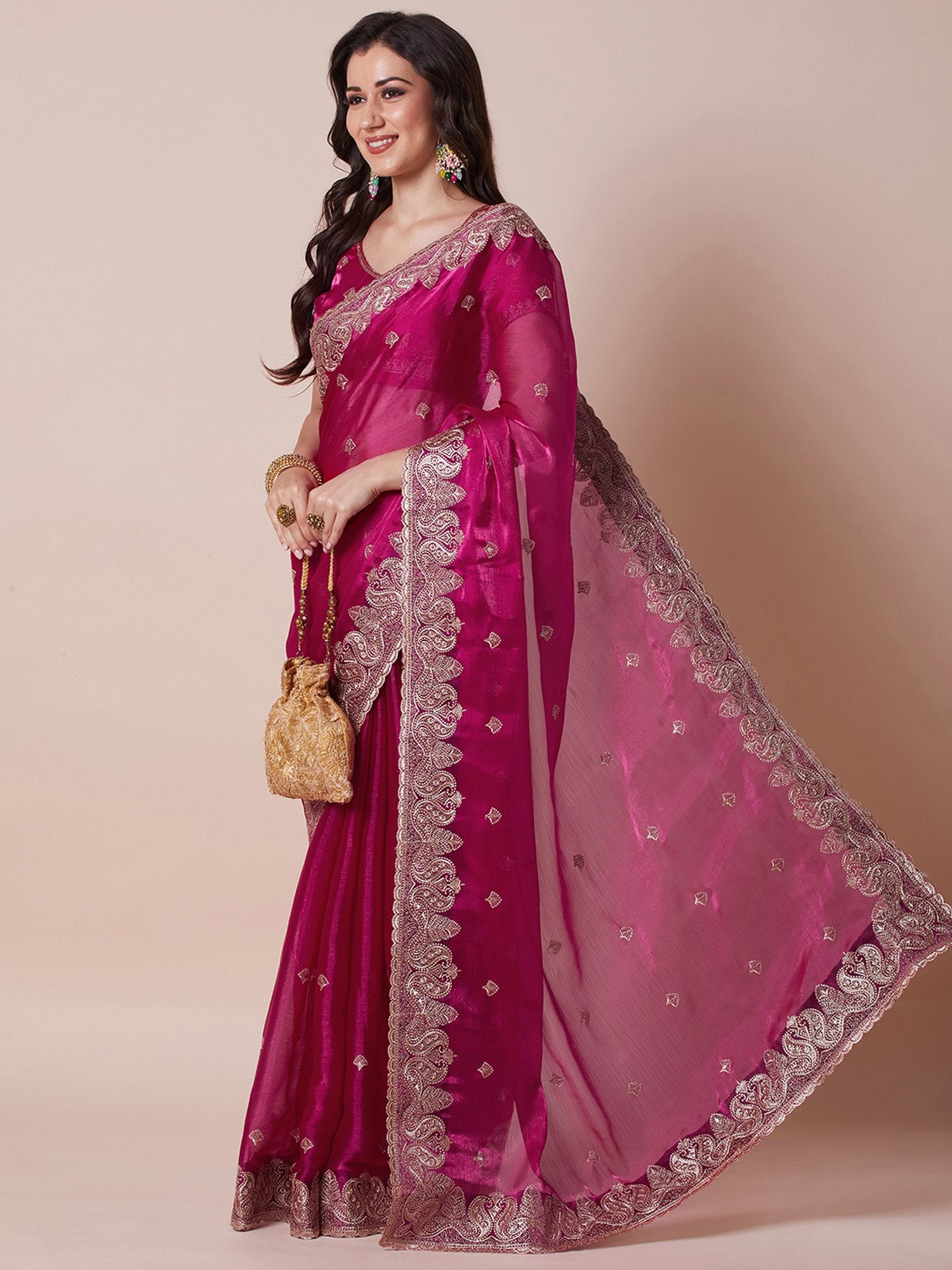 Pink Party Wear Organza Embroidered Saree