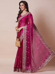Pink Party Wear Organza Embroidered Saree
