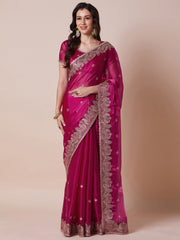 Pink Pink Party Wear Organza Embroidered Saree