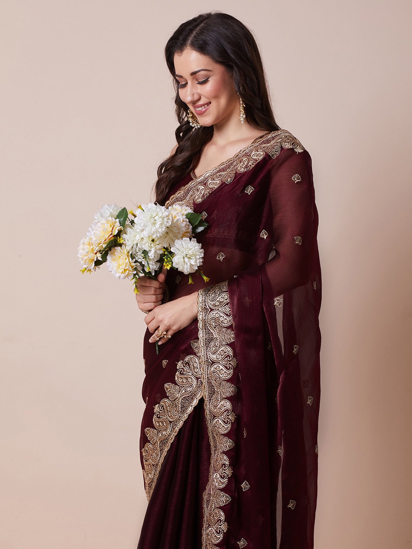 Maroon Party Wear Organza Embroidered Saree