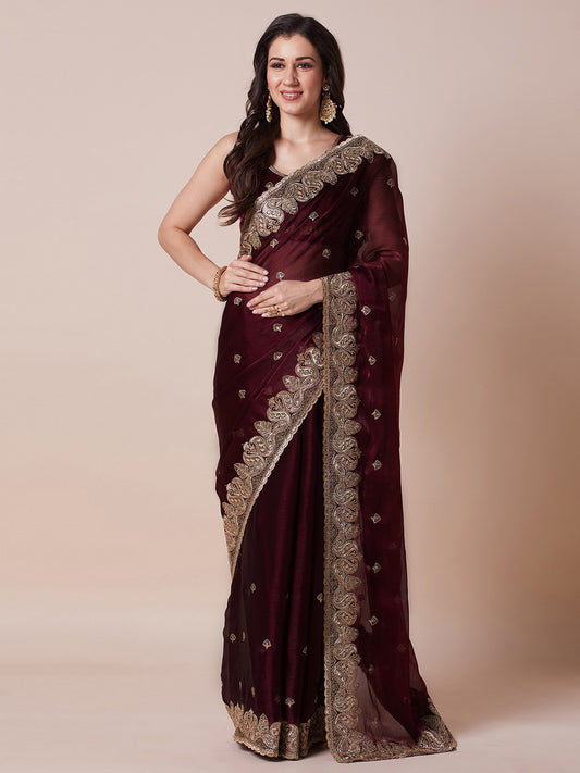 Brown Maroon Party Wear Organza Embroidered Saree