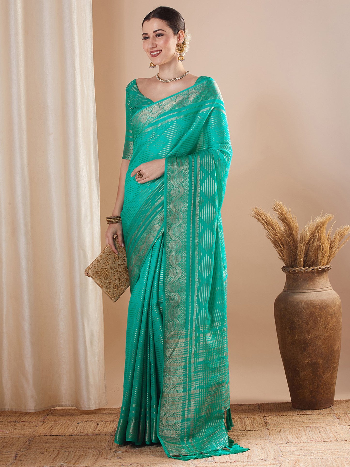 Turquoise Banarasi Pure Georgette Woven Saree