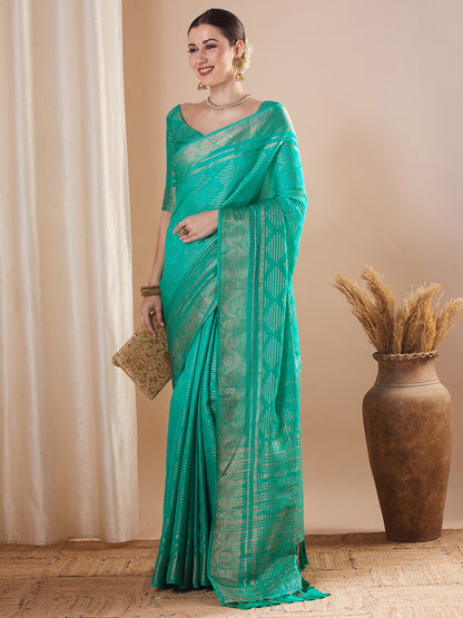 Turquoise Banarasi Pure Georgette Woven Saree