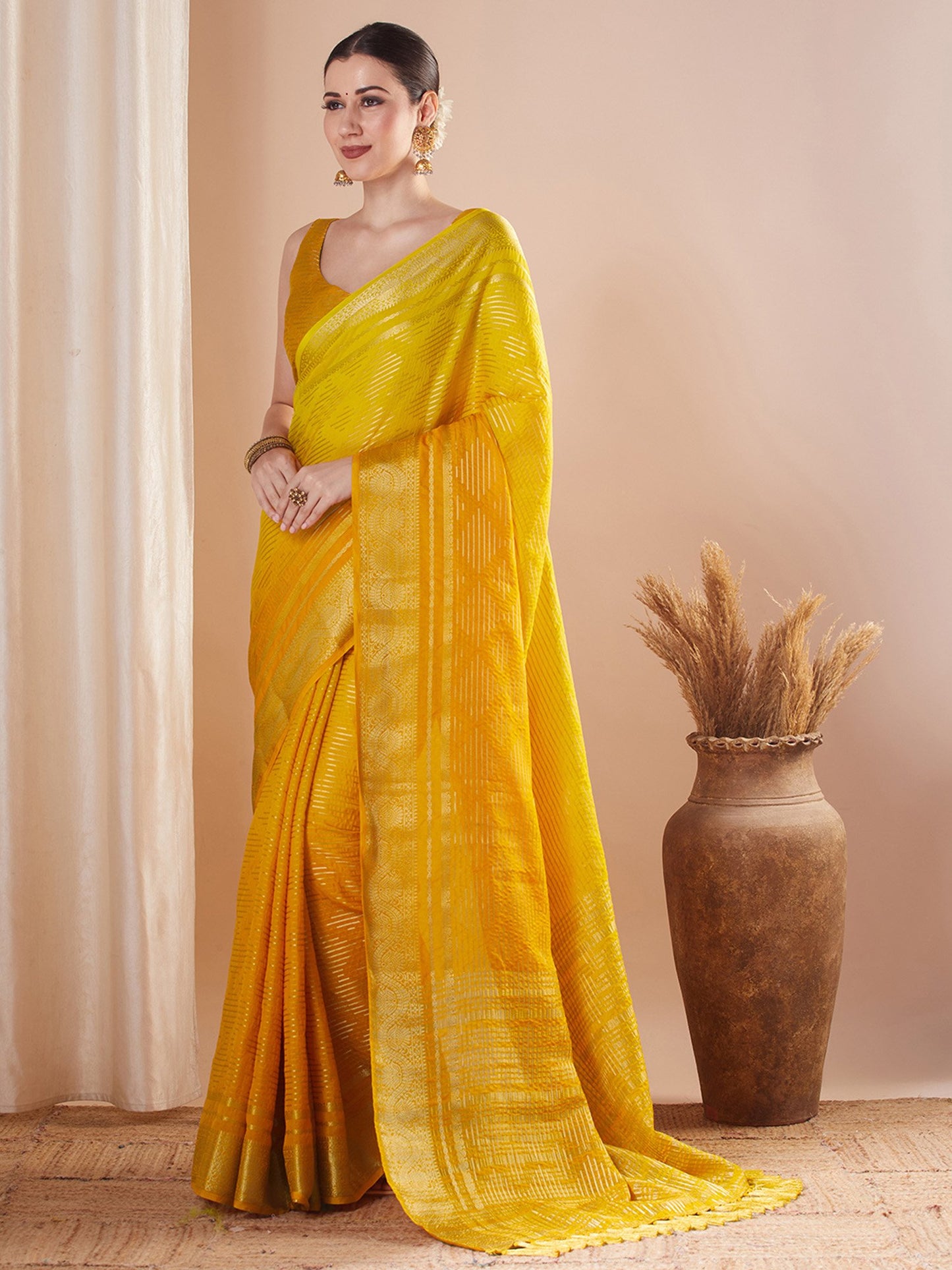 Yellow Banarasi Pure Georgette Woven Saree
