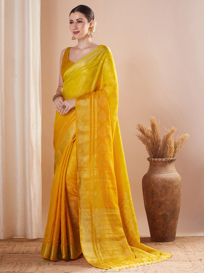 Yellow Banarasi Pure Georgette Woven Saree